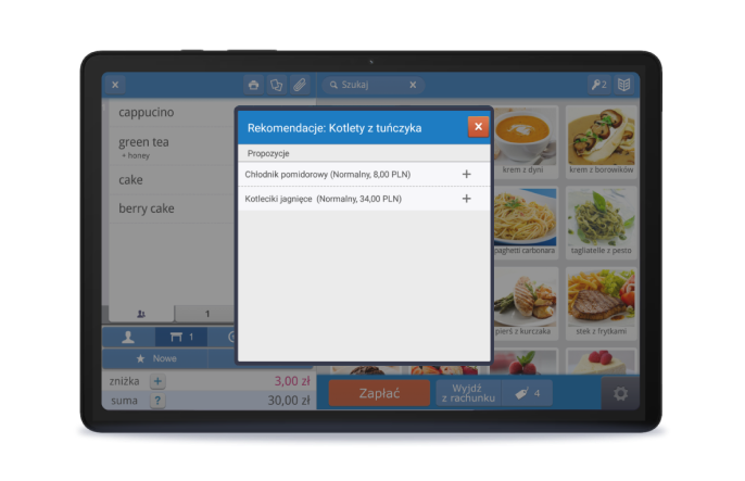 Interfejs systemu POSbistro z funkcją sprzedaży sugerowanej i rekomendacjami produktów.